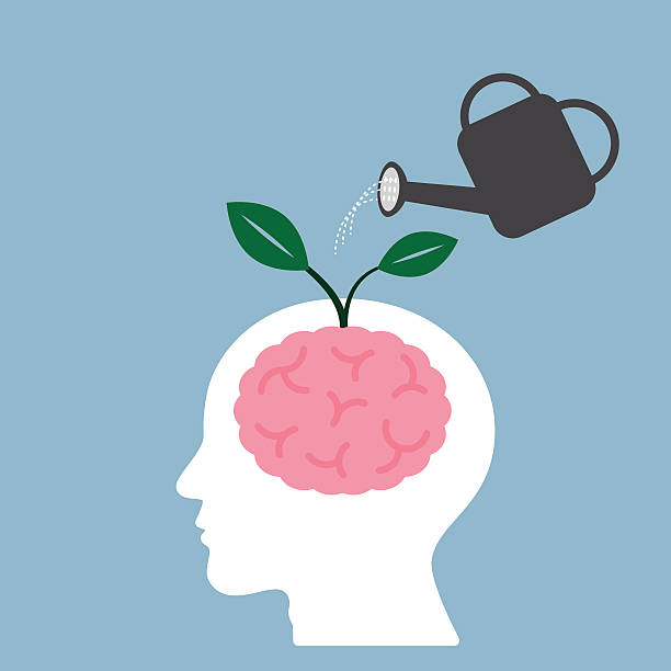 watering brain watering brain plant with watering can, creative idea concept. vector illustration